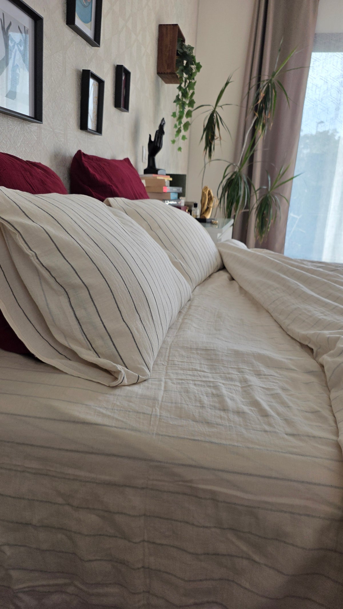 Drap plat Vanille · Gaze de coton rayé réversible