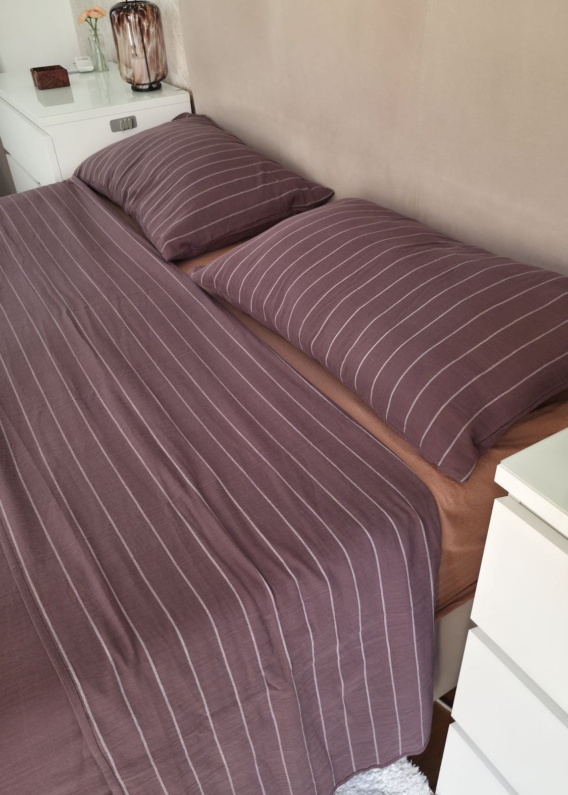 Drap plat Chocolat Chaud · Gaze de coton rayé réversible