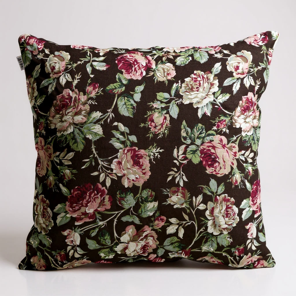 Housse de Coussin “Camélia Beige & Marron” – Gaze de Coton & Motif Fleuri – 50×50 cm