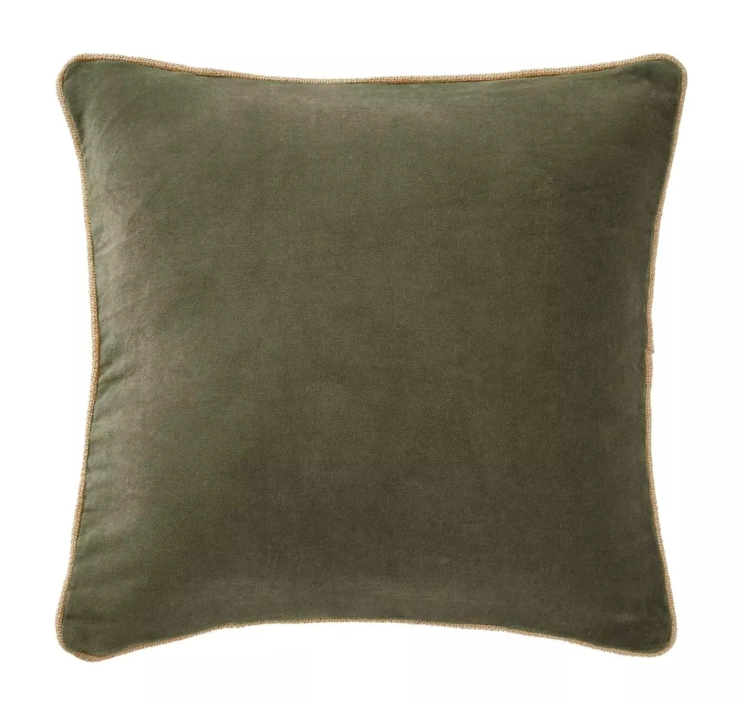 Coussin Velours Kaki & Passepoil Jute – 40×40 cm