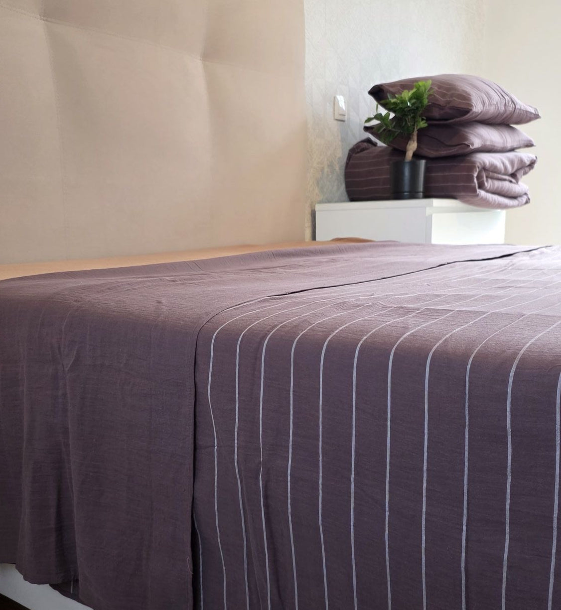 Drap plat Chocolat Chaud · Gaze de coton rayé réversible