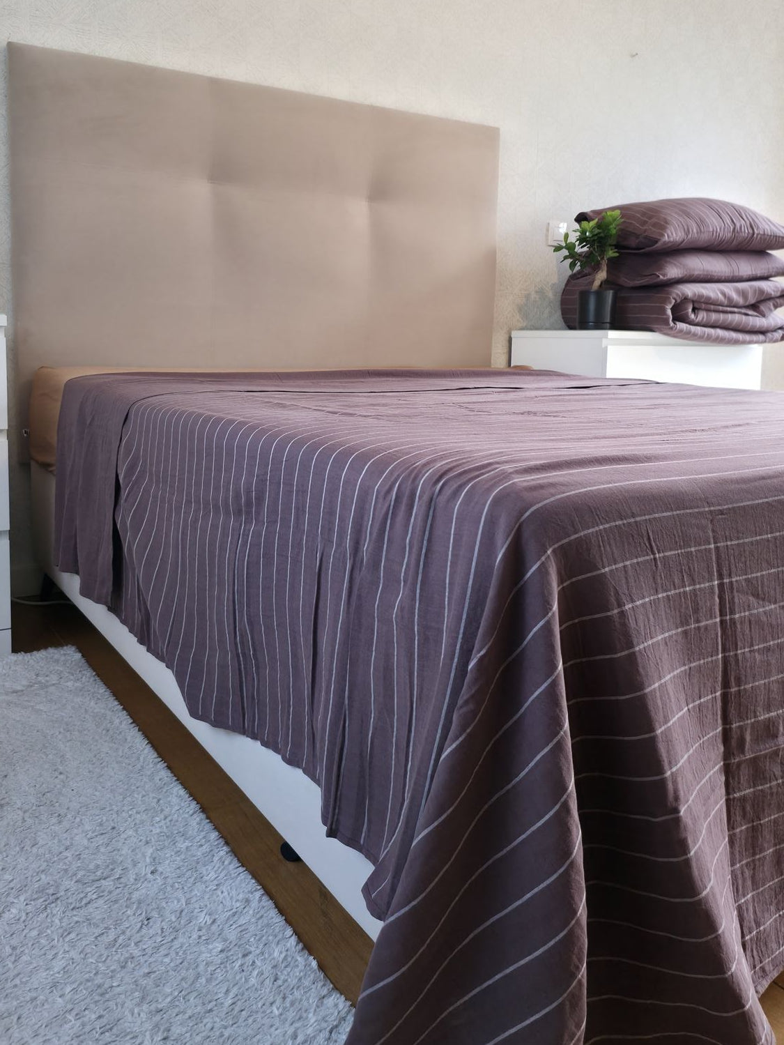 Drap plat Chocolat Chaud · Gaze de coton rayé réversible