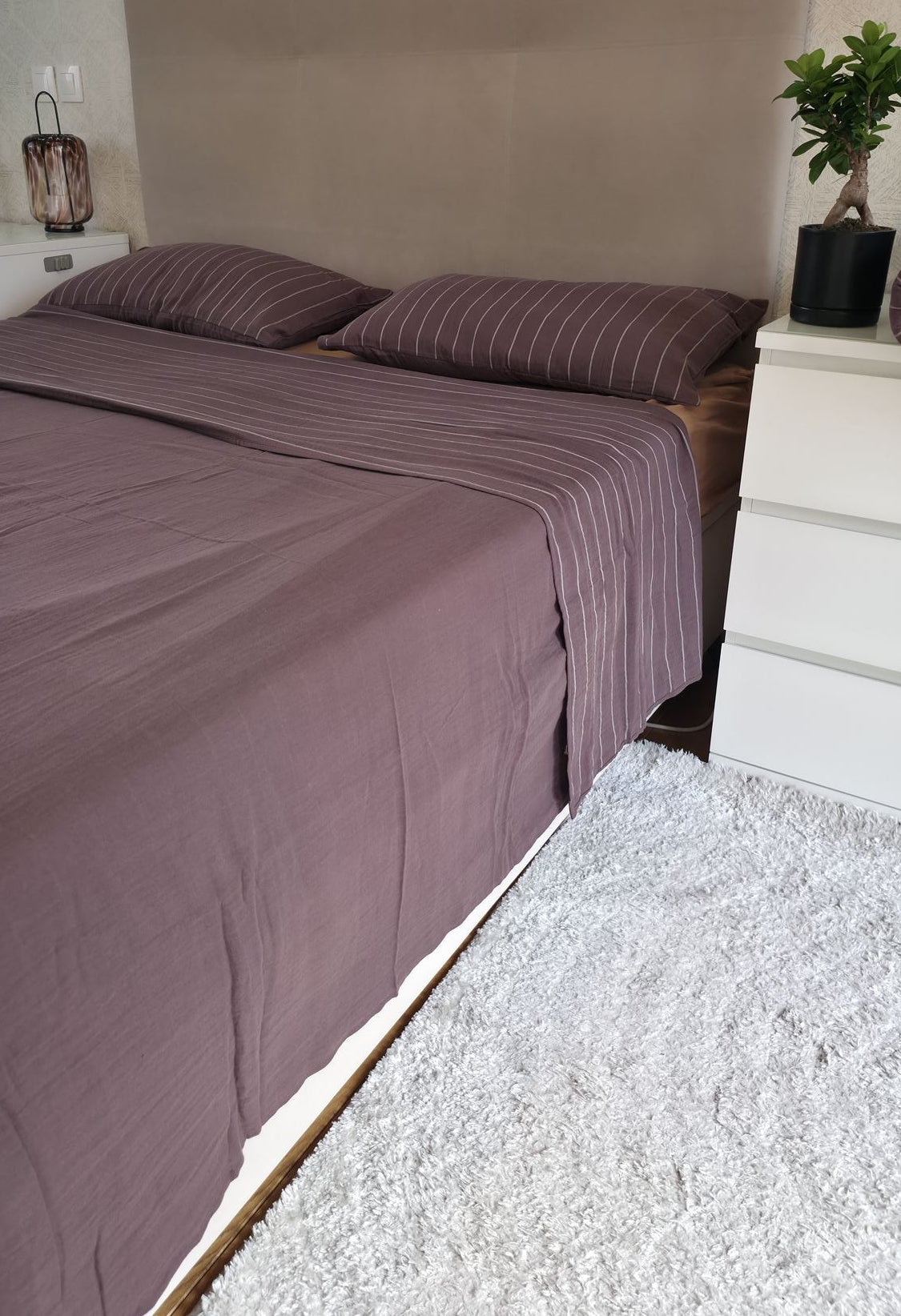 Drap plat Chocolat Chaud · Gaze de coton rayé réversible