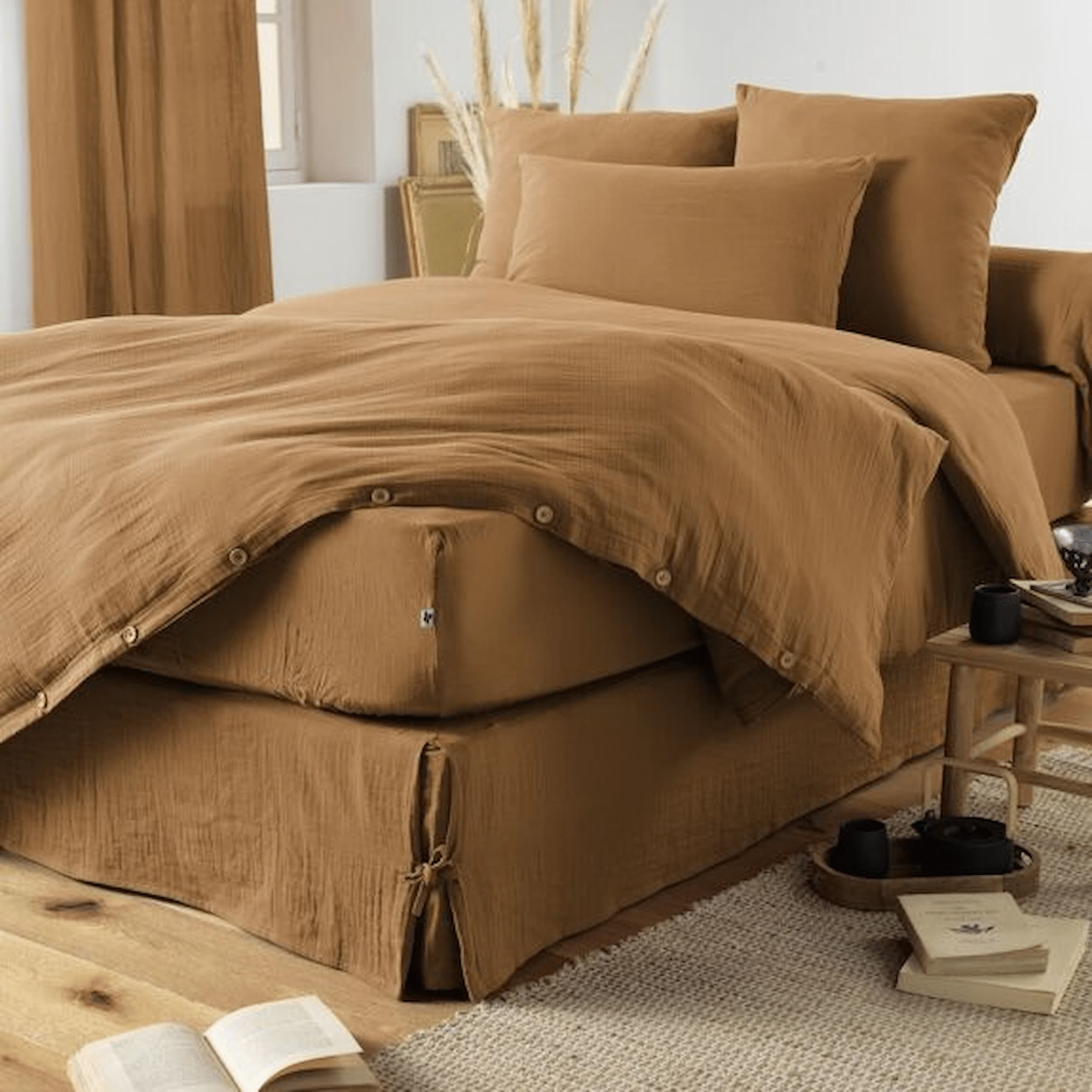 Draps housse Gaïa camel en gaze de coton