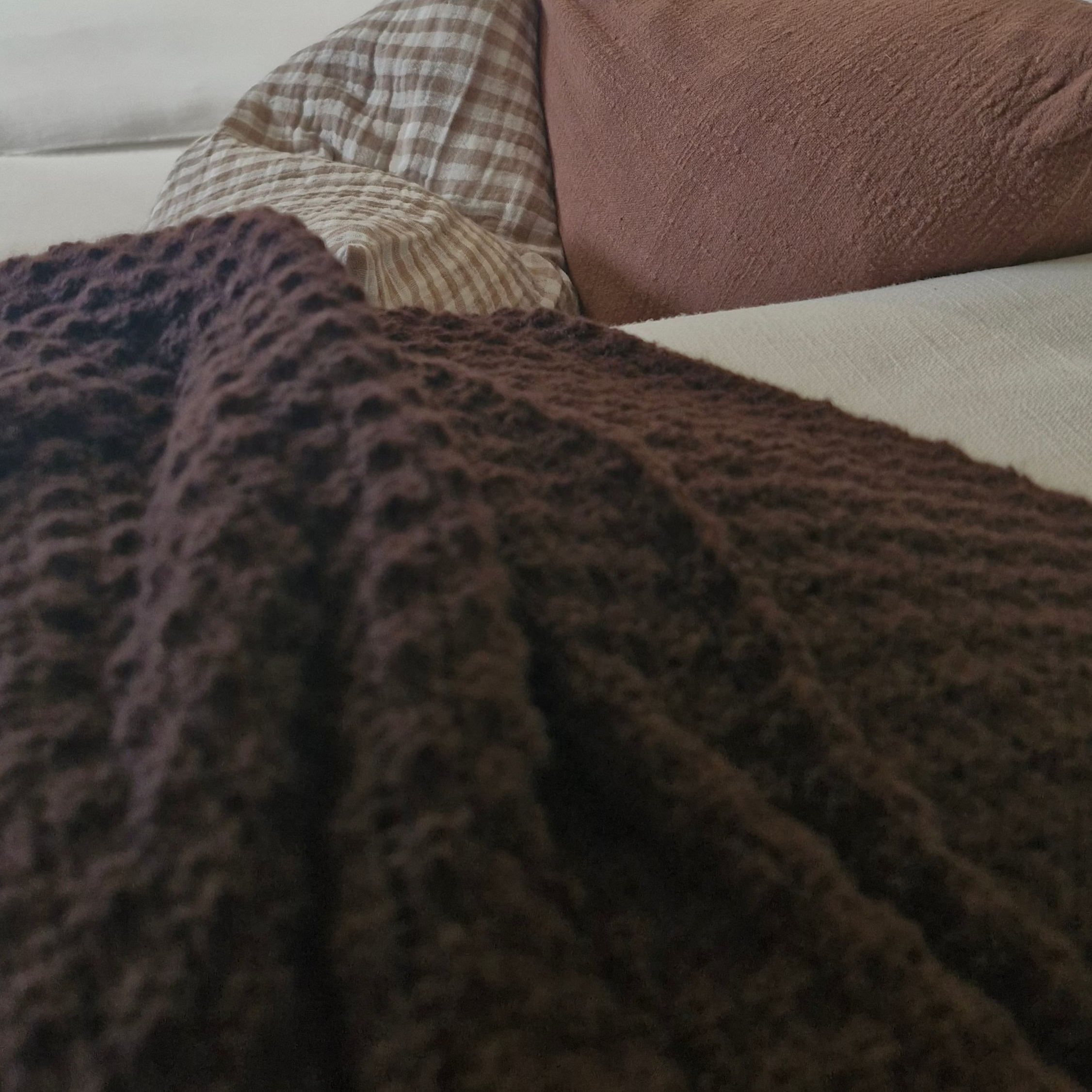 Plaid en maille avec pompons – Marron
