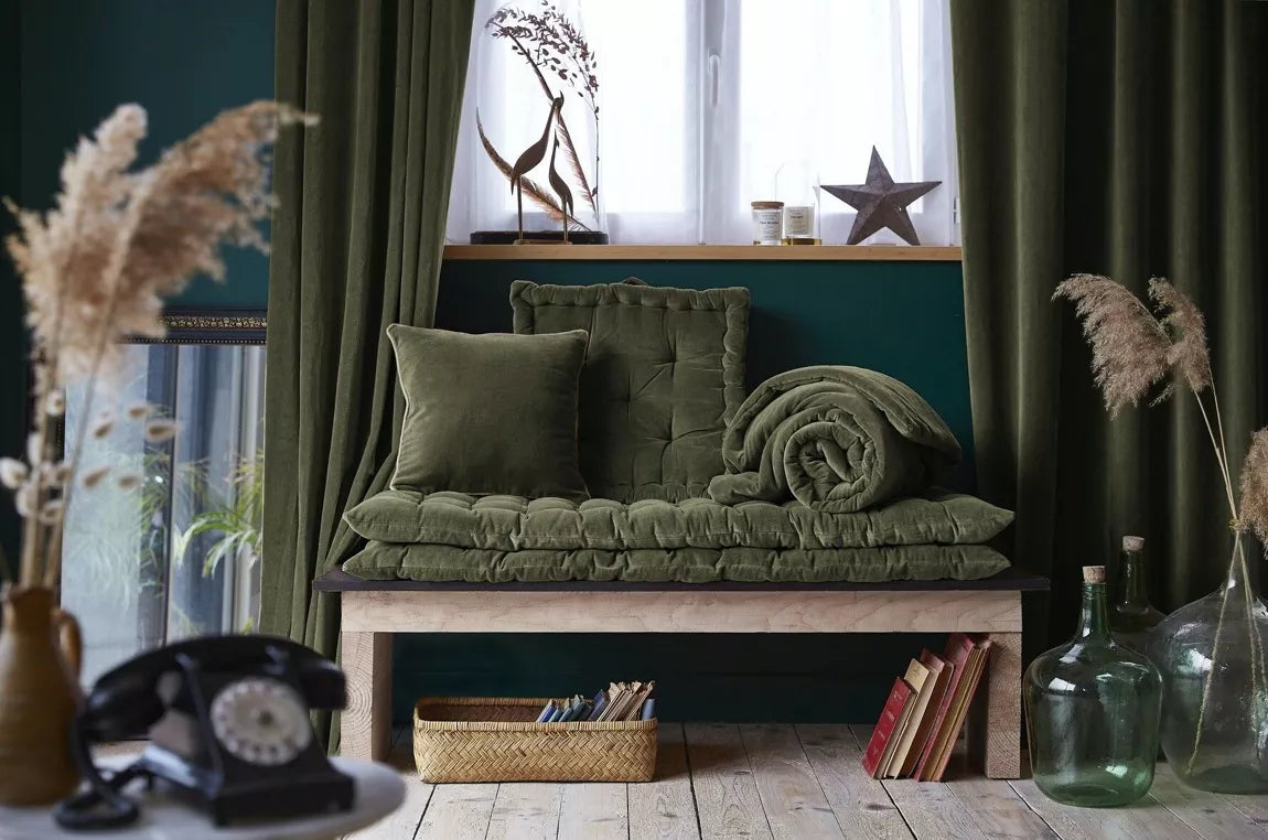 Coussin Velours Kaki & Passepoil Jute – 40×40 cm