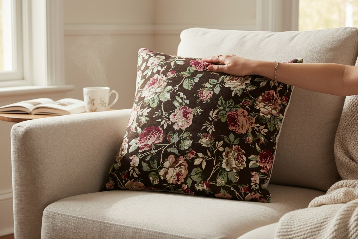 Housse de Coussin “Camélia Beige & Marron” – Gaze de Coton & Motif Fleuri – 50×50 cm