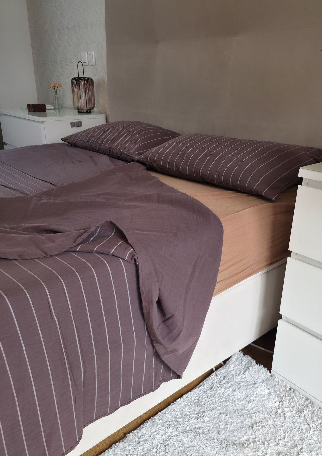 Drap plat Chocolat Chaud · Gaze de coton rayé réversible
