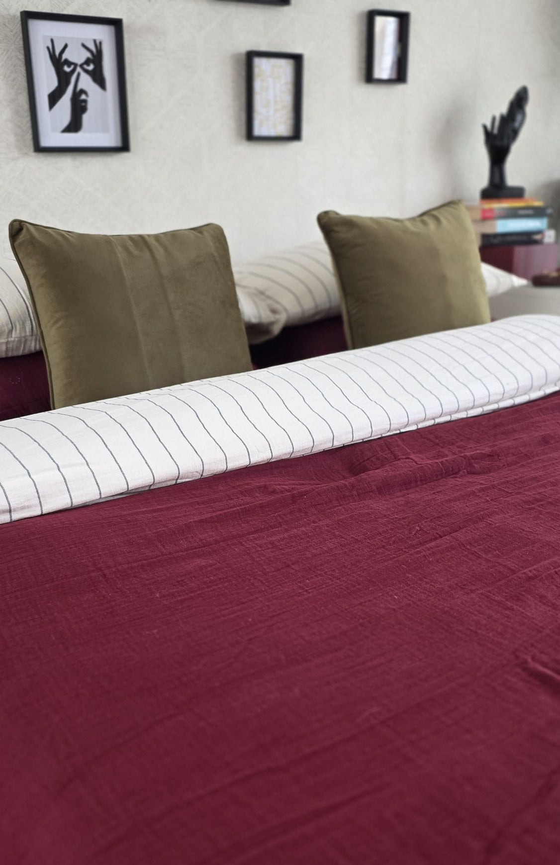 Drap plat Vanille · Gaze de coton rayé réversible