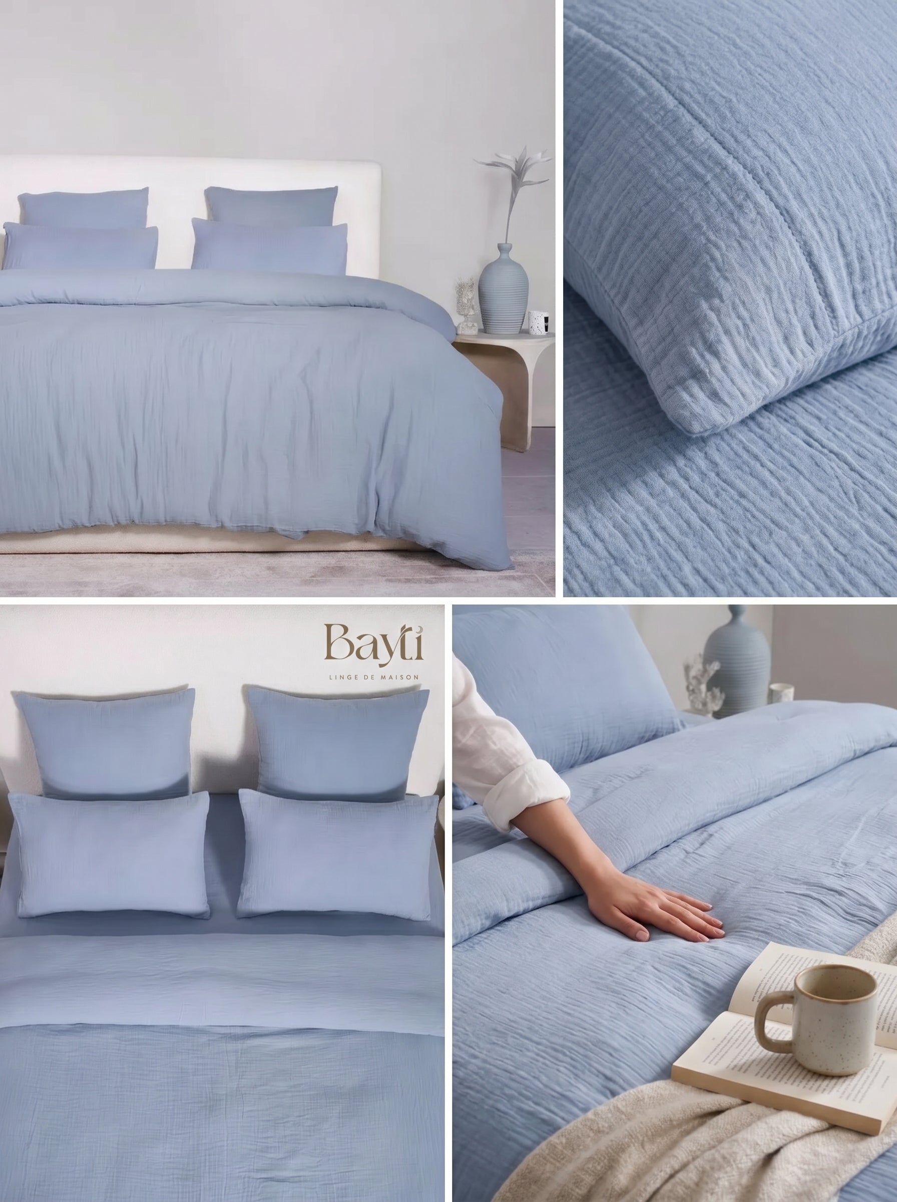 Parure de lit  Brume Bleue · Gaze de coton effet lavé